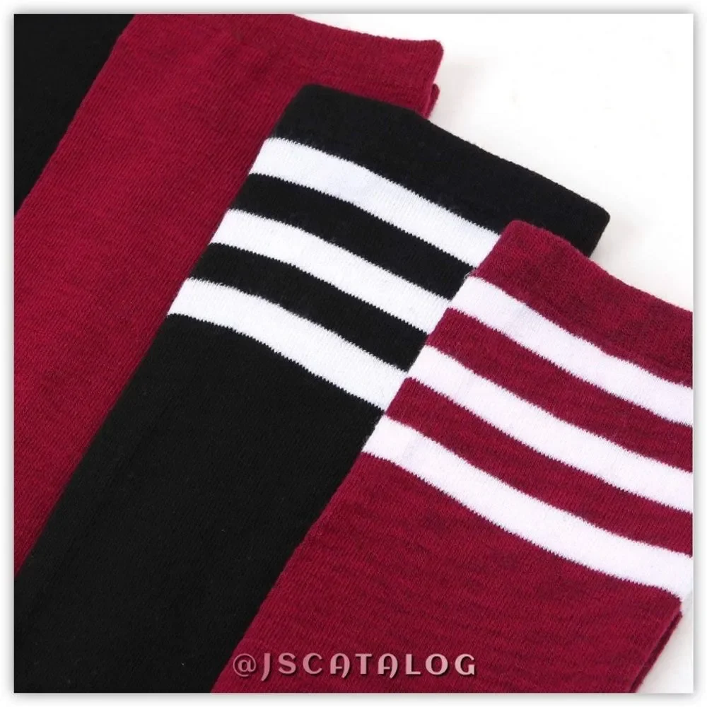 Wine Red w/ White Stripes Cotton Thigh High Socks